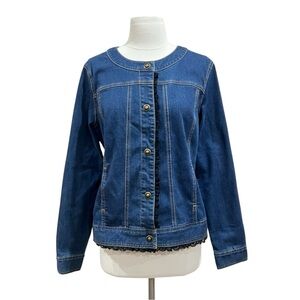 Sahalie Classic Blue Jean Jacket with Black Lace Trim Size Medium